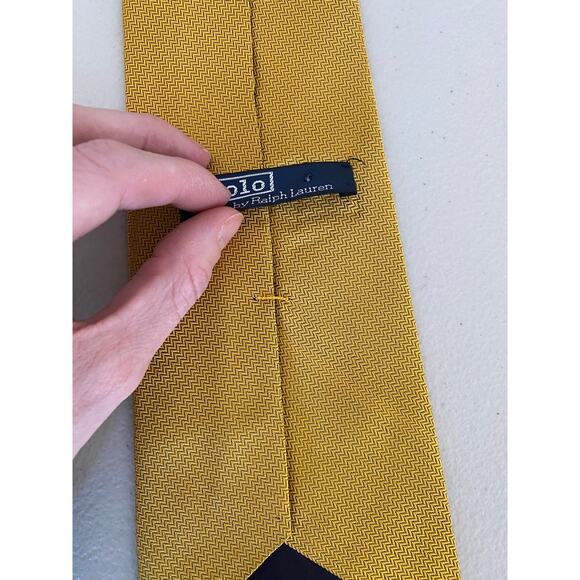 Polo Ralph Lauren Men's Vintage Yellow Herringbone Chevron 100% Logo Tie - Picture 5 of 8